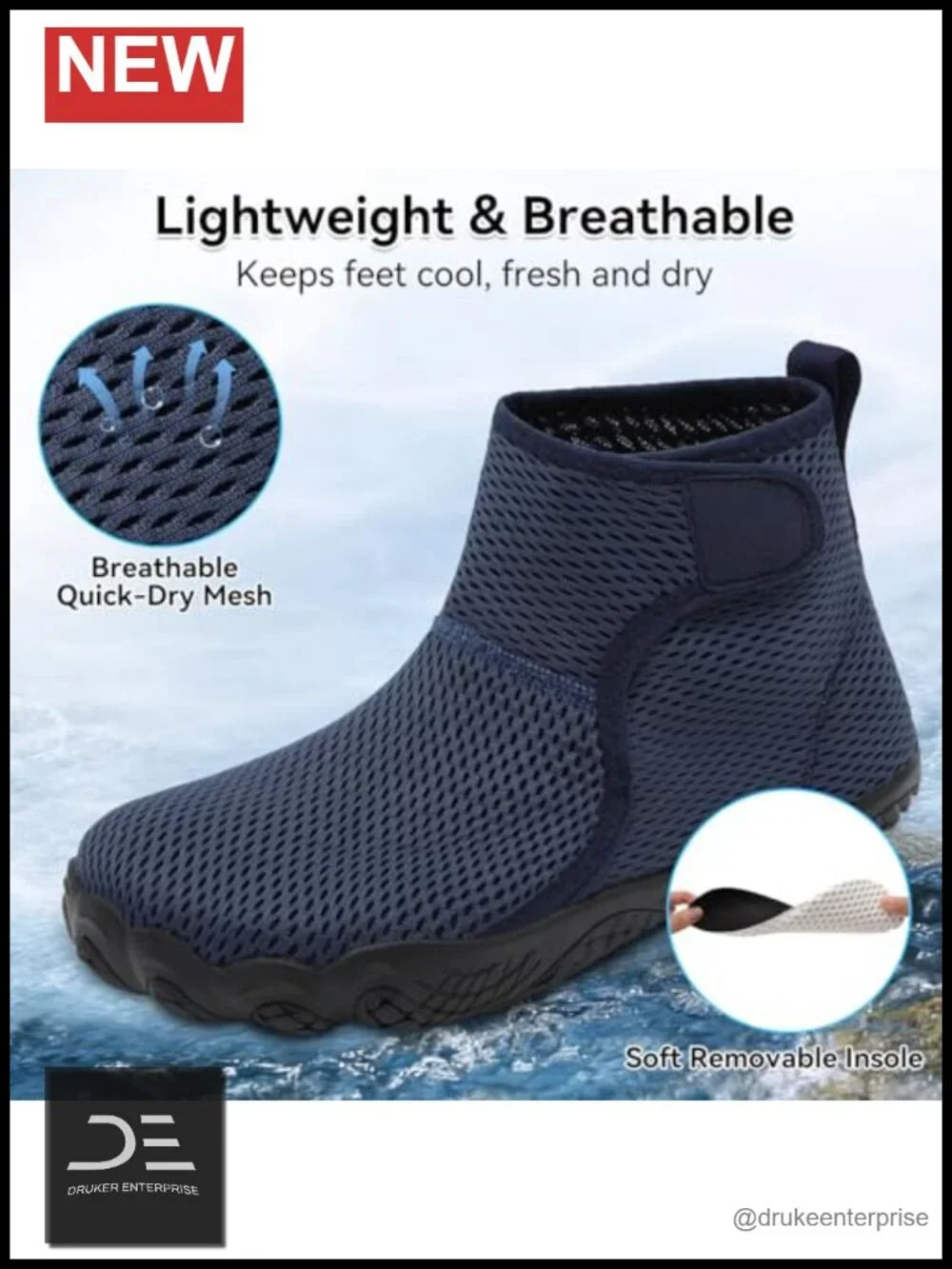 Barefoot High Top Water Shoes, Non-Slip, Quick-Dry Mesh, Adjustable Strap